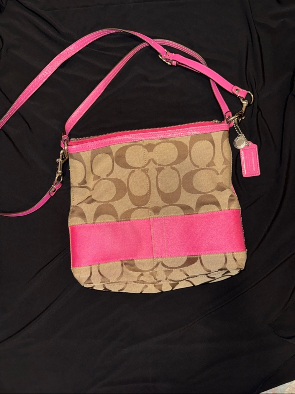 Coach Brown Signature Crossbody with Hot Pink Trim